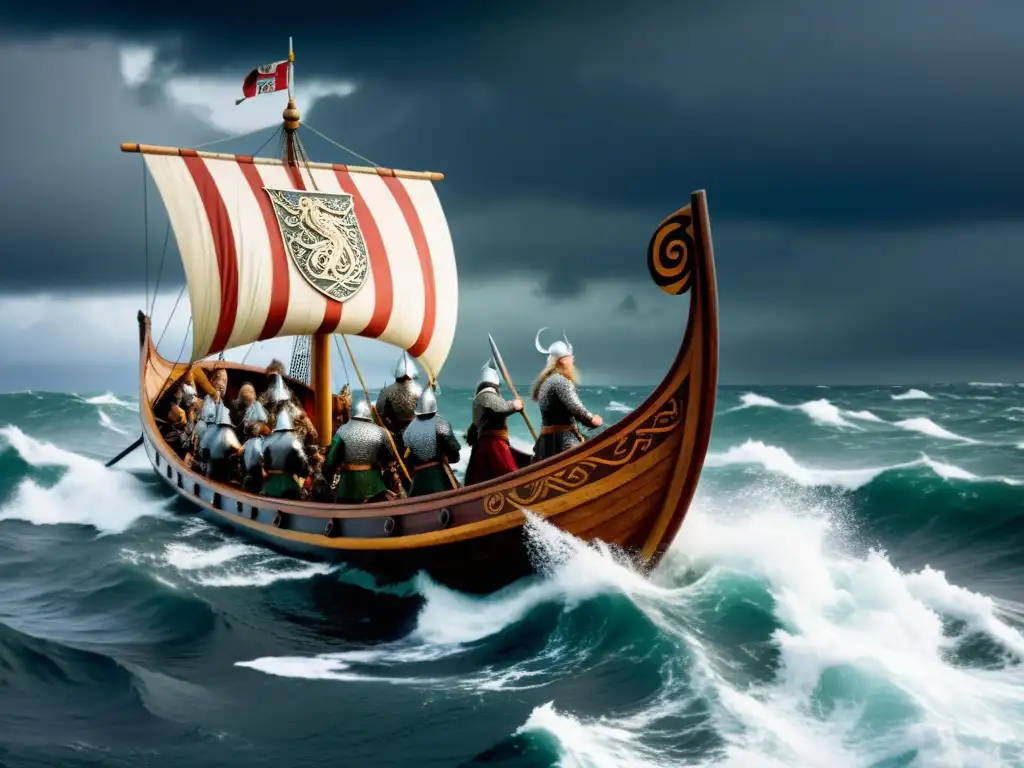 Conquista vikinga en las Hébridas: barco vikingo navegando en aguas turbulentas con guerreros poderosos