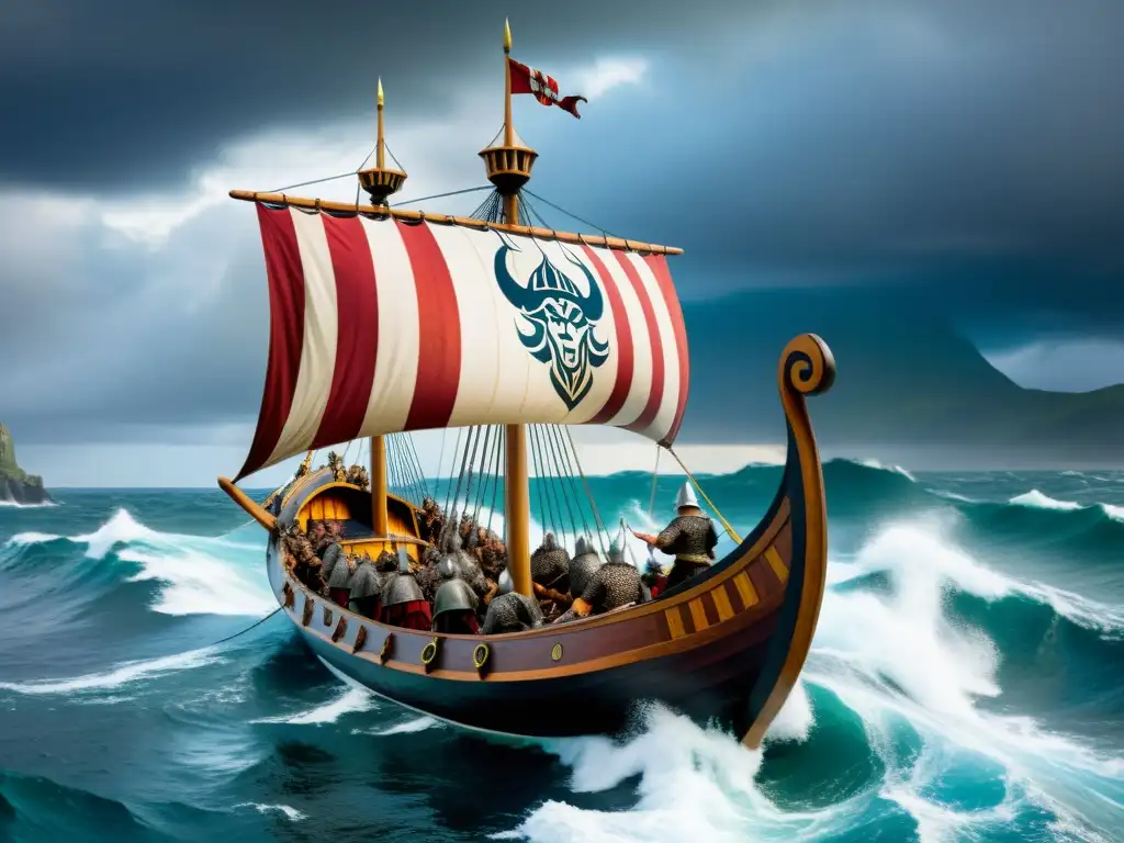 Conquista vikinga en Europa: Un navío vikingo avanza entre olas agitadas y cielos dramáticos, listo para la batalla