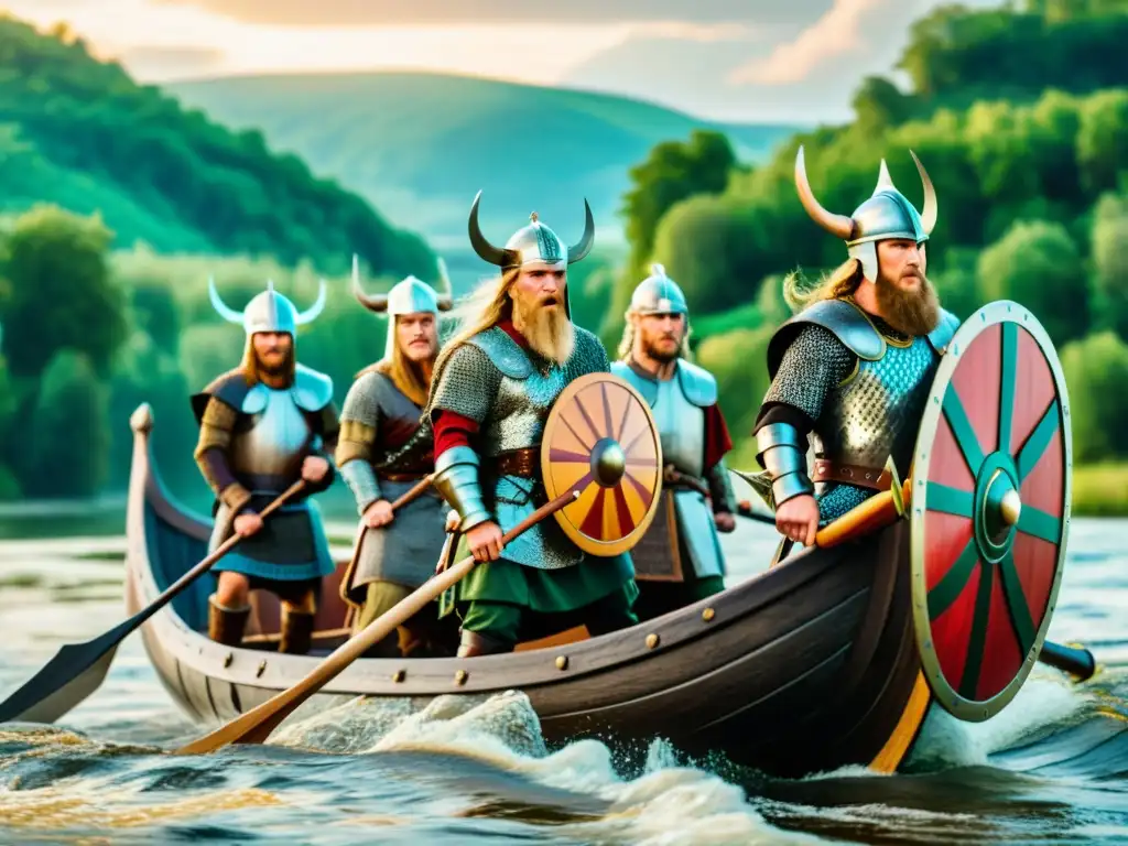 Conquista vikinga en tierras rusas: Vikingos navegando por un río en Rusia, listos para la batalla