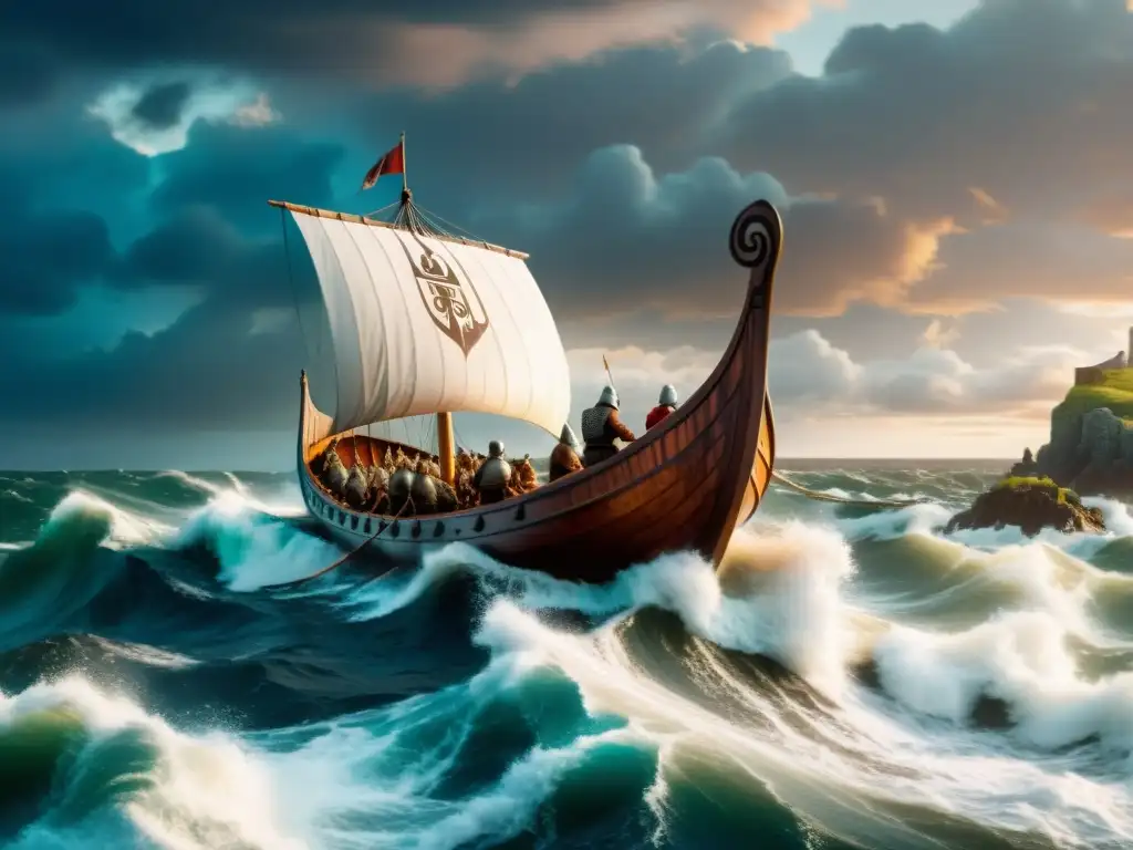 Viaje épico: Vikingos surcando mares turbulentos Conquistas vikingas y su legado: Vikingos surcando mares turbulentos con un navío detalladamente adornado