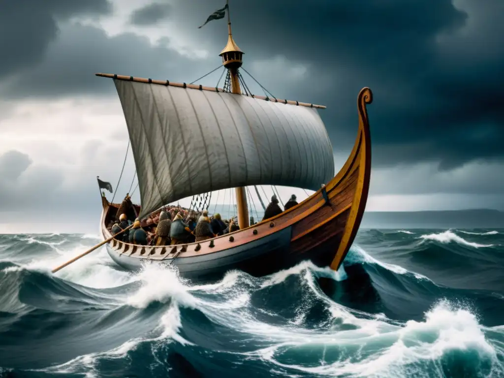 Conquistas vikingas en el Mar del Norte: Vikingos navegando en aguas turbulentas con cielo tormentoso y costa lejana