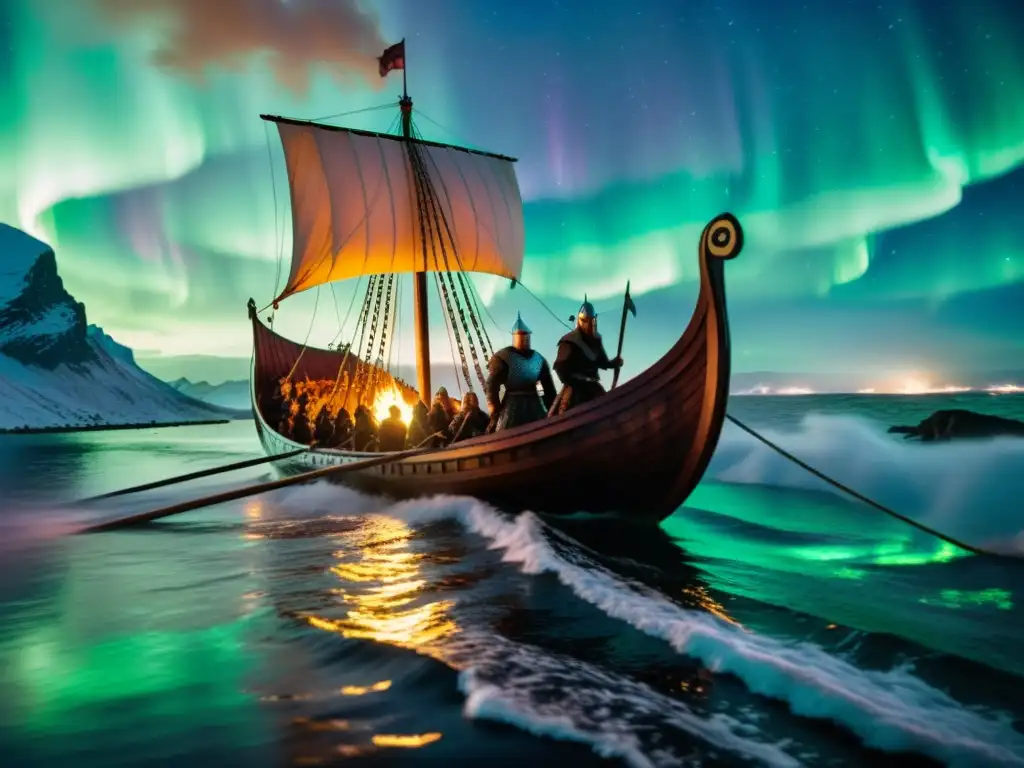 Consecuencias económicas de las conquistas vikingas: Vikingos despiadados saquean un pueblo costero en llamas bajo la aurora boreal