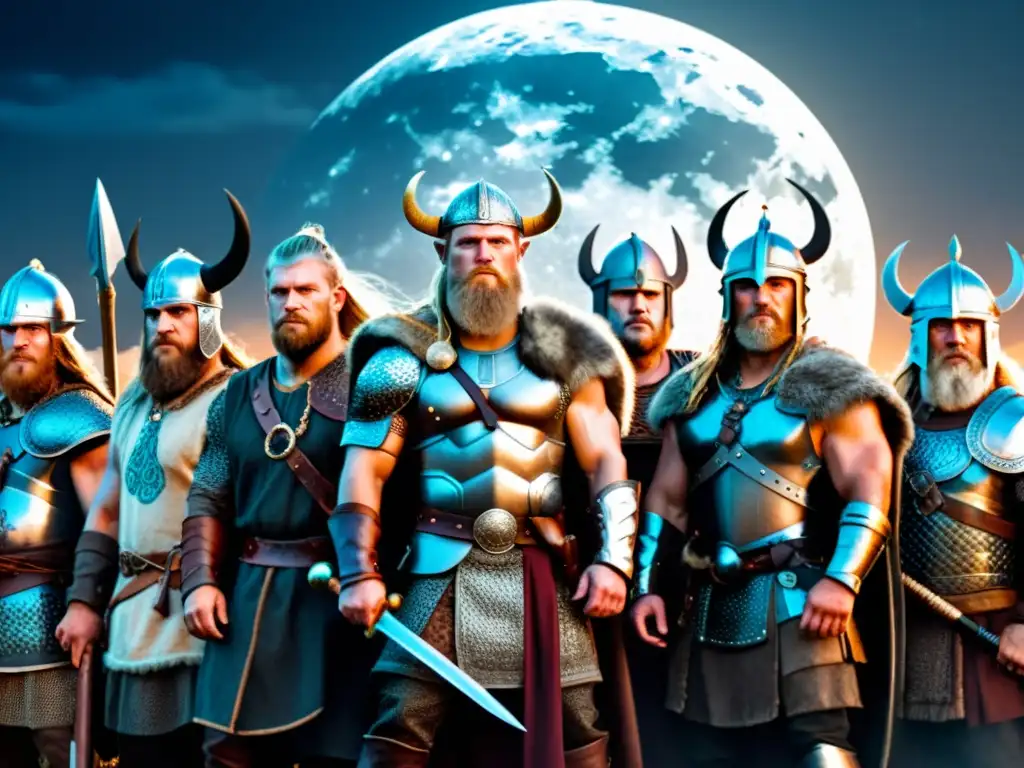 Un consejo estratégico de guerreros vikingos de diversas tribus bajo la luna