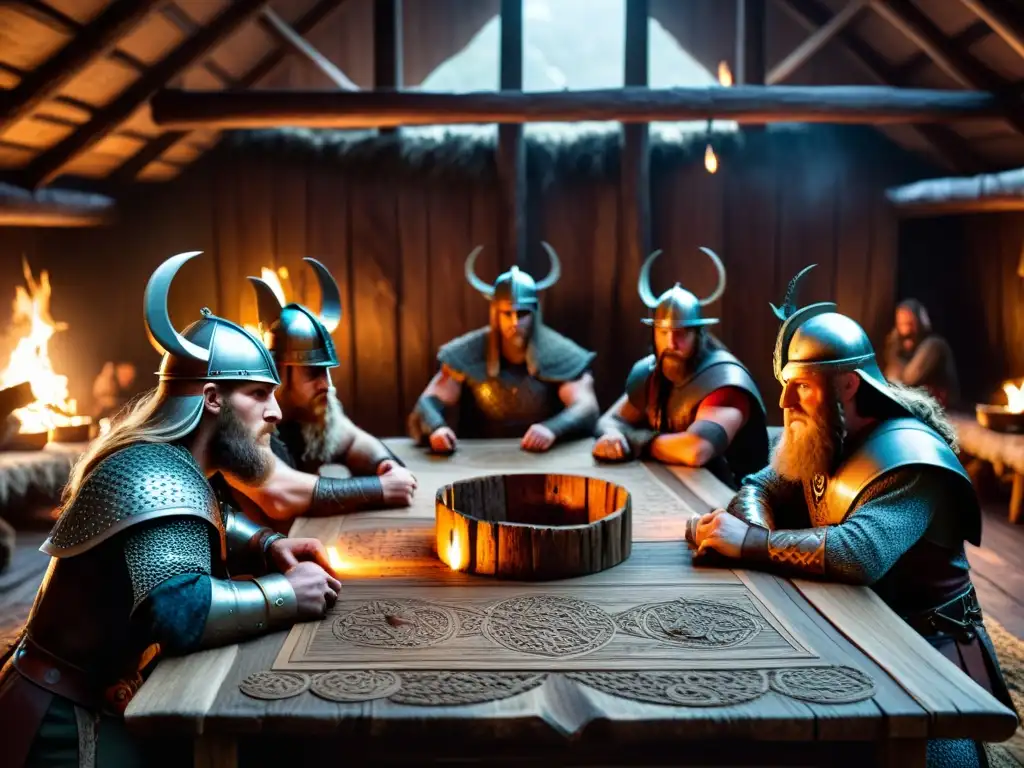 Consejo de guerra vikingo en penumbra, guerreros estratégicos trazan tácticas de guerra vikinga en viejo salón iluminado por antorchas