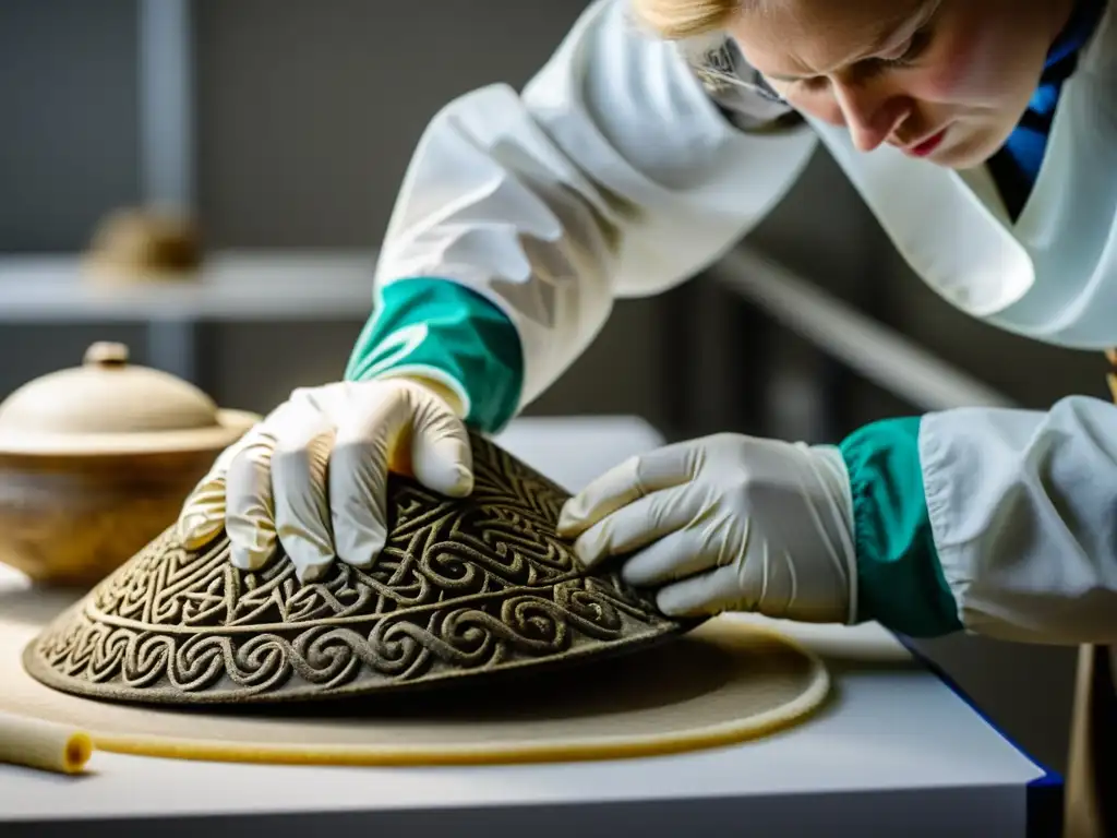 Conservadores restaurando con cuidado un raro artefacto vikingo, resaltando su valor histórico y la preservación de estos objetos antiguos