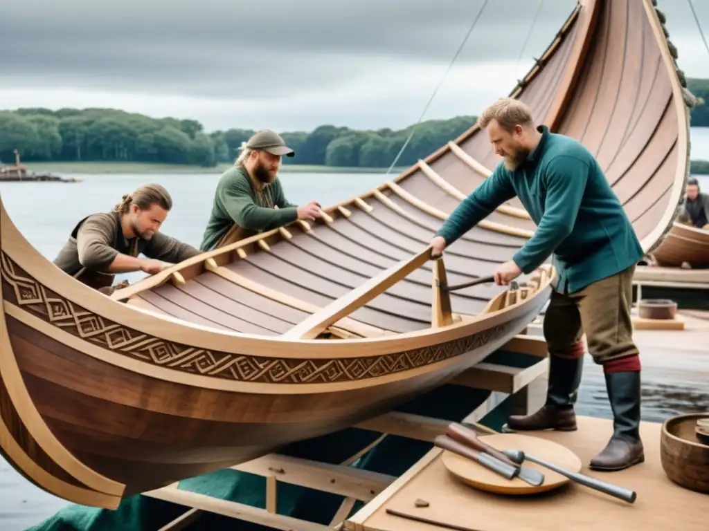 Construcción de barcos vikingos modernos: Artesanos modernos recrean con detalle una réplica de un drakkar vikingo