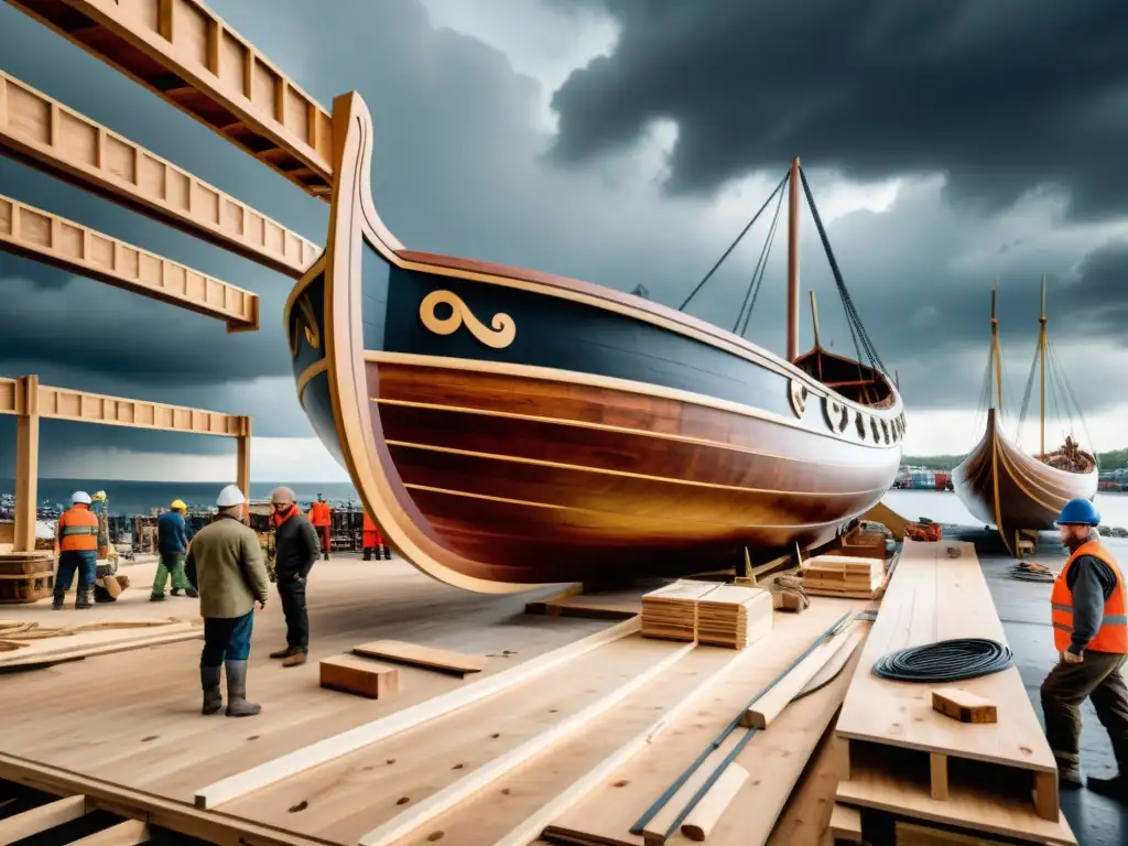 Construcción detallada de un drakkar vikingo en astillero Construcción detallada de barco vikingo en astillero bullicioso, destacando estrategias de resolución de problemas vikingas