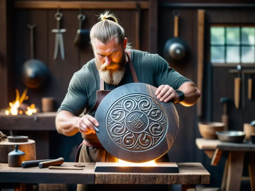 La construcción del escudo redondo vikingo cobra vida en manos del hábil herrero en su taller sombrío, rodeado de herramientas y símbolos nórdicos