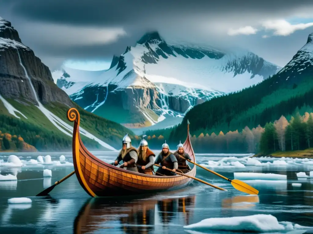 Construcción de imperio nórdico estrategia: Vikingos en nave surcan gélidas aguas, rodeados de montañas y bosques