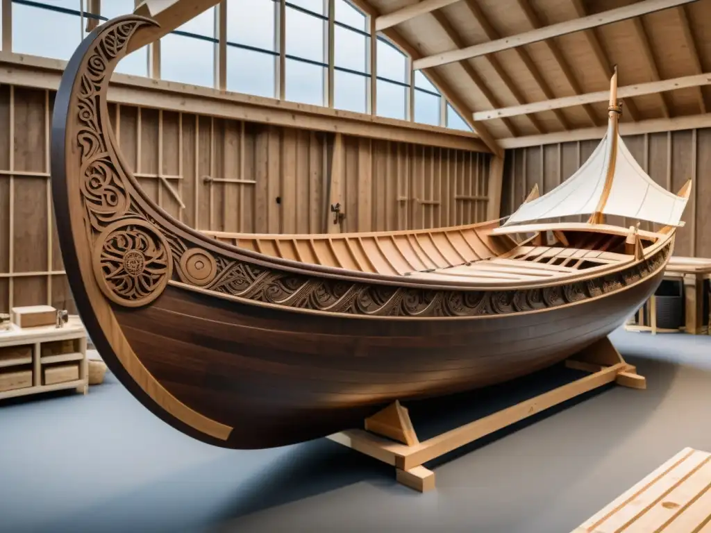 Construcción de un modelo de barco vikingo evolución en un bosque soleado, resaltando la artesanía tradicional y detalles intrincados