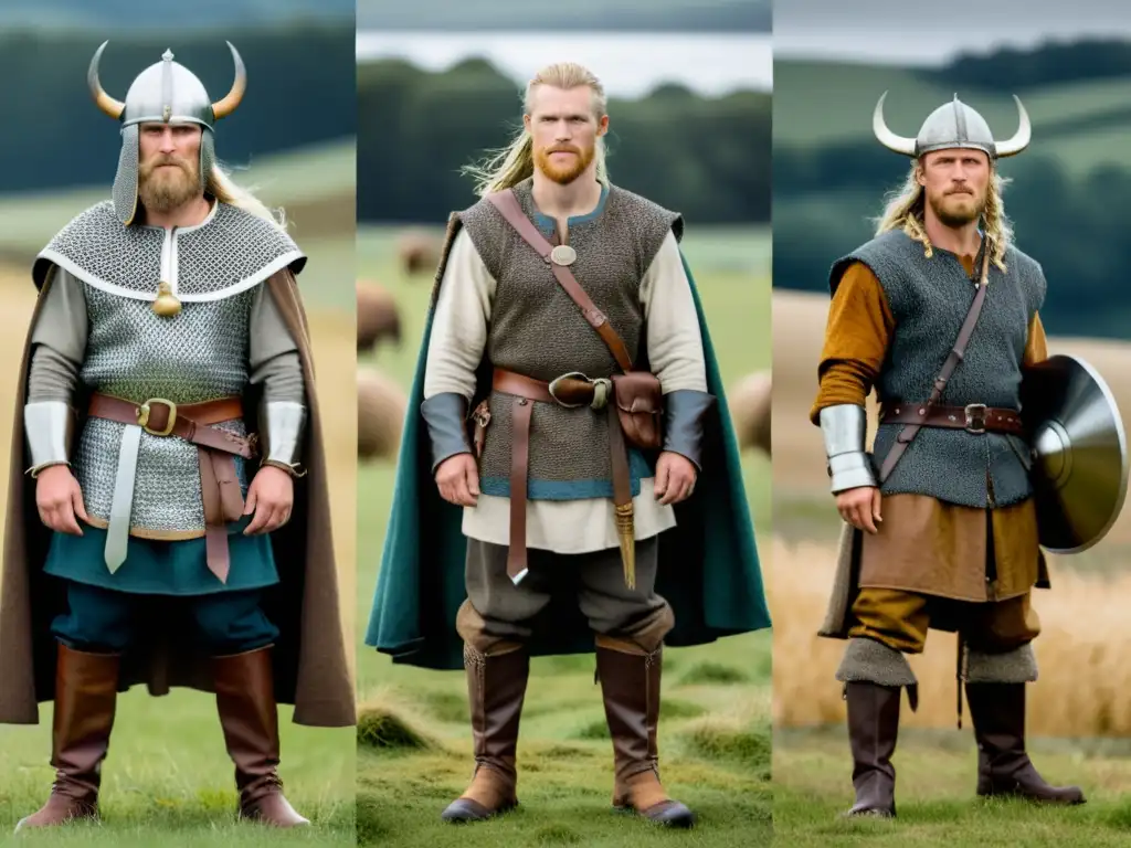 Contraste de vestimentas en la sociedad vikinga: guerreros y campesinos con atuendos detallados y contrastantes