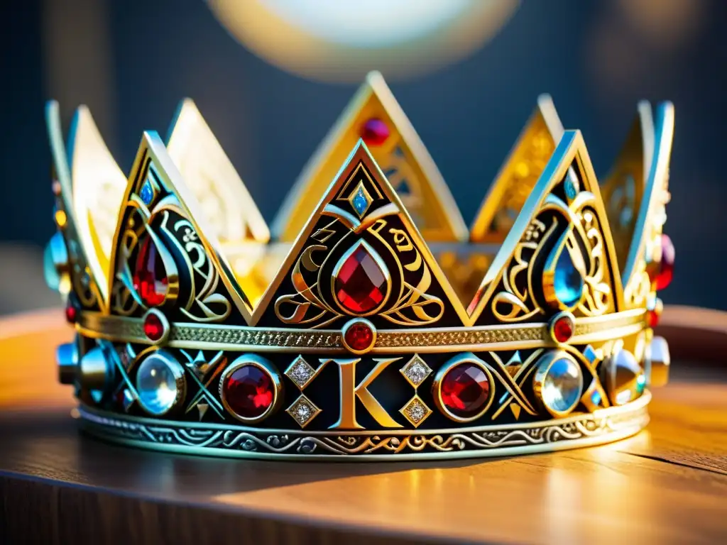 Corona Vikinga de Oro: Artesanía y Poder en Detalle Una corona vikinga de la realeza con runas talladas y joyas, deslumbrante en oro, deslumbra con su opulencia y poder