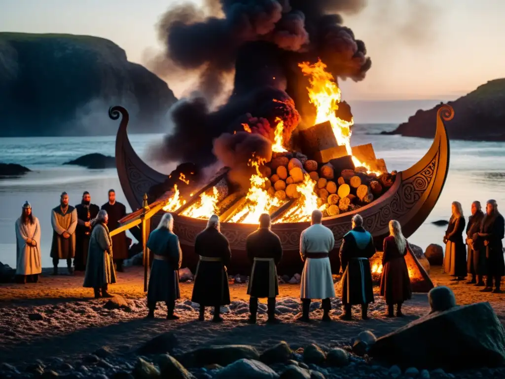 Costumbres funerarias vikingas: una despedida solemne en la costa rocosa bajo un cielo tenue, con un majestuoso barco en llamas y figuras vikingas