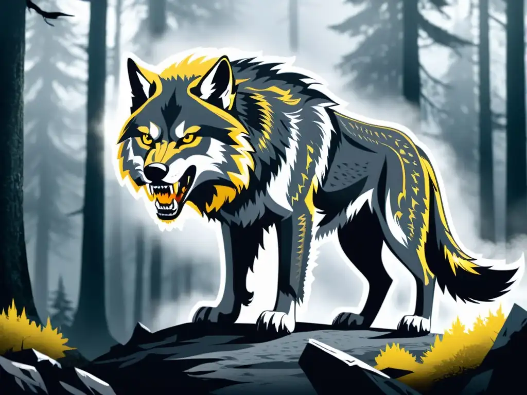 Criatura mítica Fenrir, el lobo monstruoso de la mitología nórdica, en un bosque escandinavo neblinoso