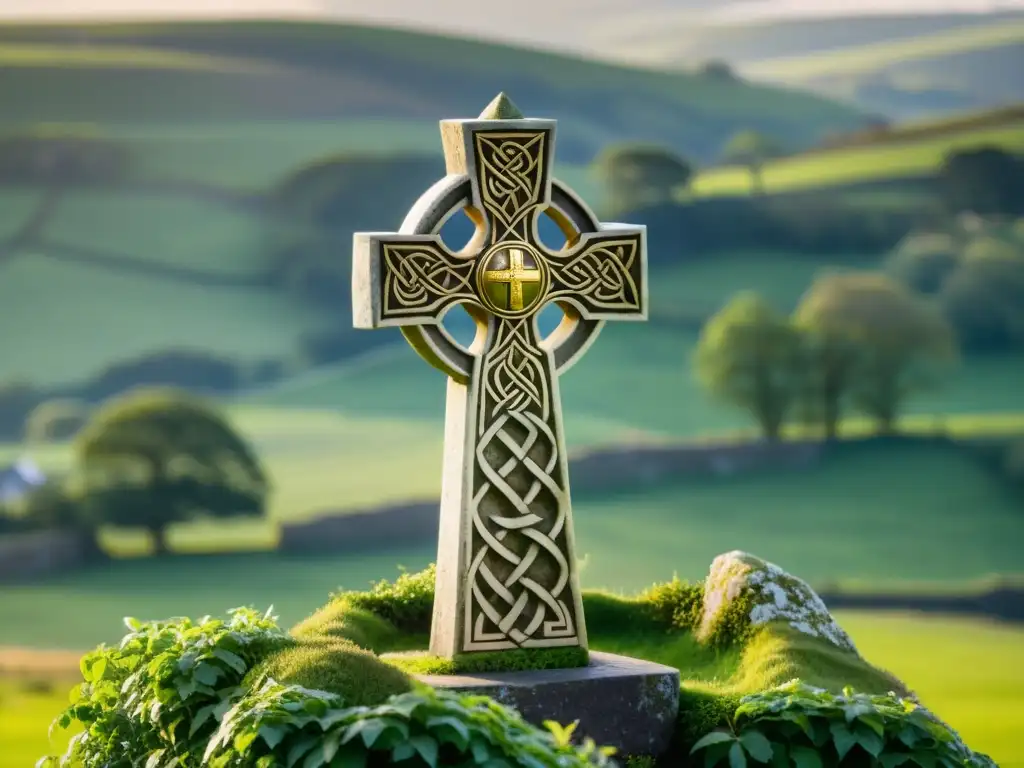 Cruz celta de piedra con grabados vikingos y nudos celtas, simbolizando la descendencia vikinga en la nobleza irlandesa, en paisaje sereno