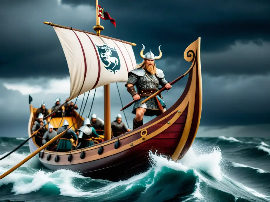 Cuadro con iconografía vikinga: Barco vikingo navegando en mares agitados con guerreros y figura de dragón en proa