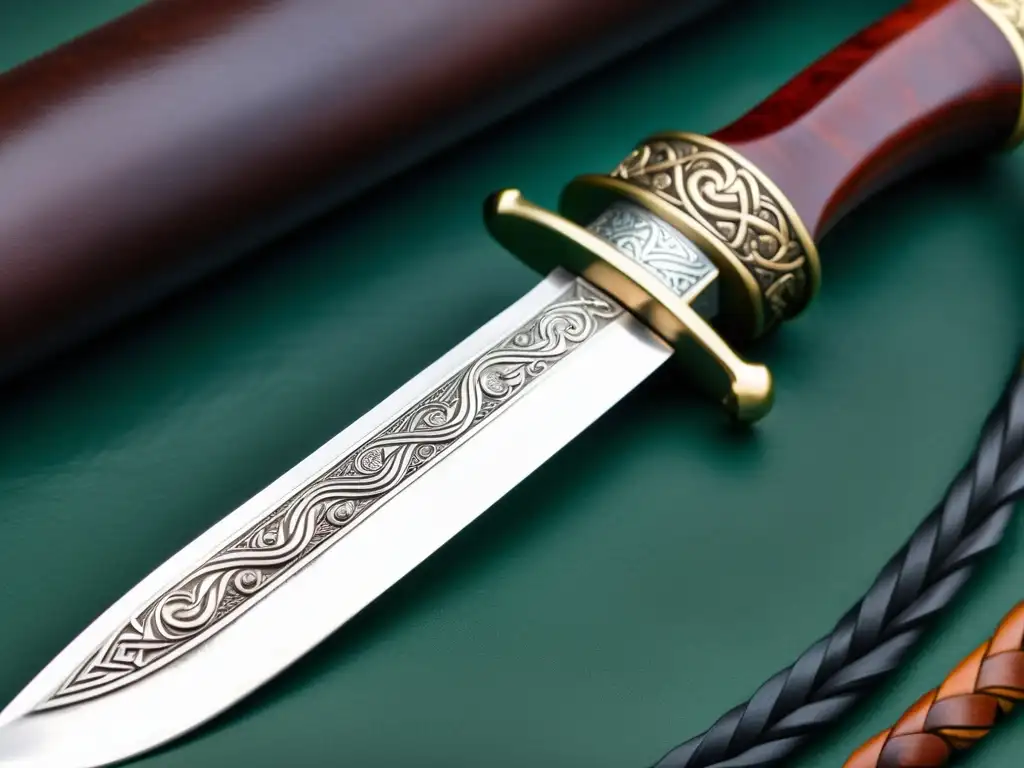 Seax vikinga: la fuerza y belleza del acero Un cuchillo vikingo seax de acero forjado con detalles de mitología nórdica y empuñadura de cuero, evocando armas vikingas para batallas épicas