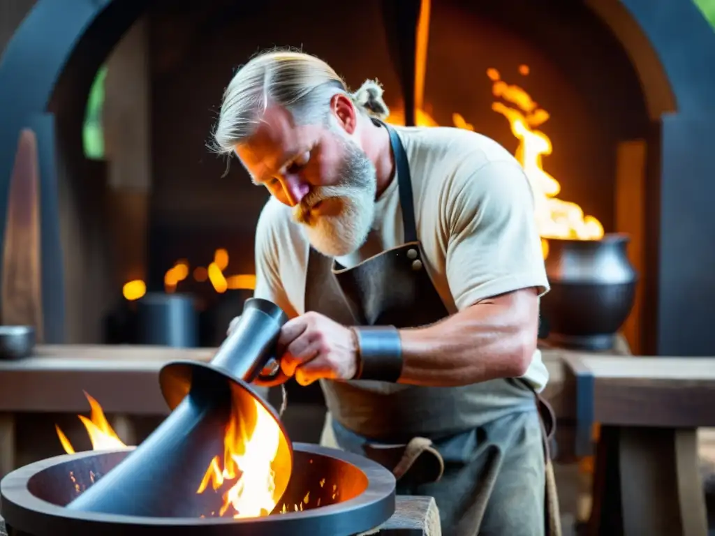 Forjando un cuerno vikingo con detalles intrincados en un yunque, rodeado de herramientas tradicionales y una fragua ardiente