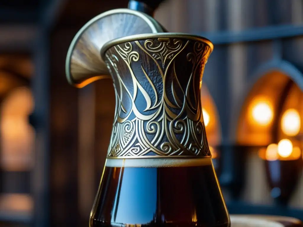 Un cuerno vikingo tallado con elaboración cerveza artesanal vikinga, en una cervecería rústica iluminada por antorchas