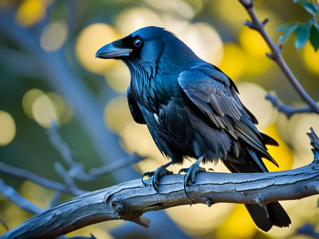 Un cuervo de Odín y búho en un árbol, sus ojos brillantes exudan sabiduría y misterio