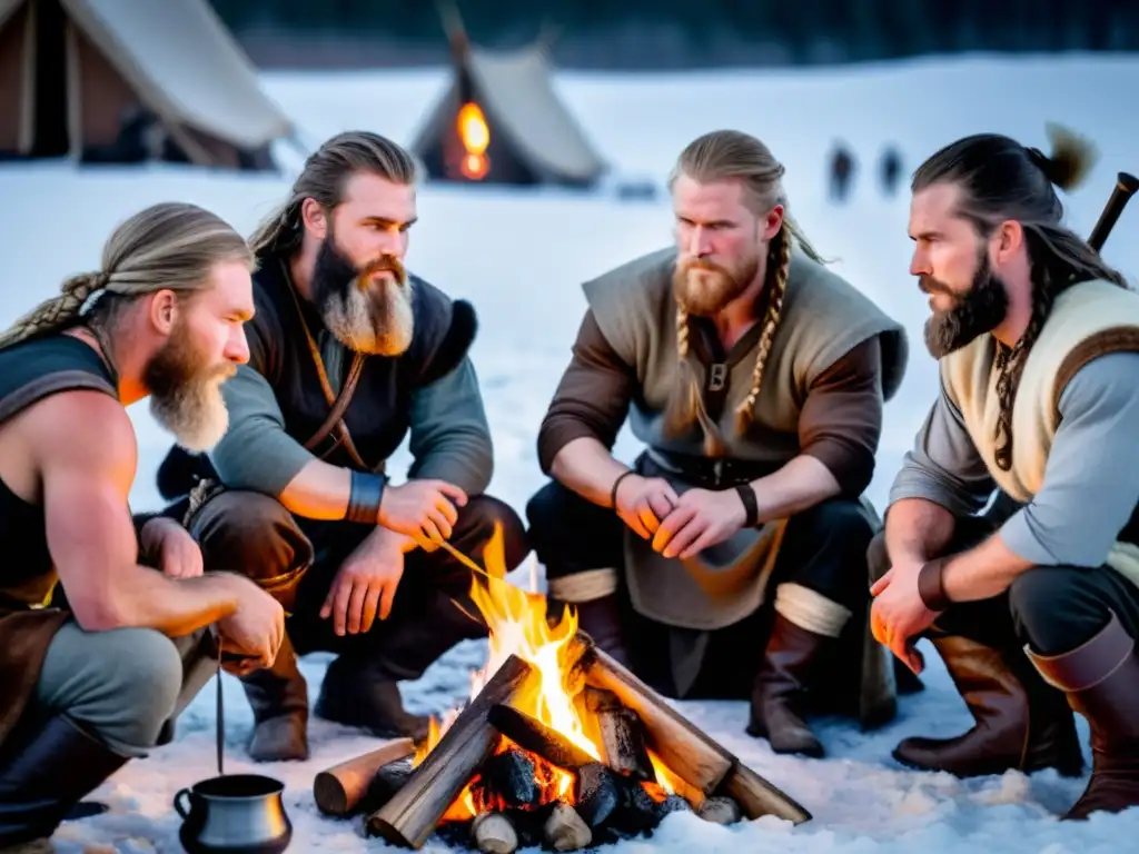 Cuidado facial estilo vikingo: Guerreros vikingos aplican aceites y ceras a sus barbas alrededor de una fogata en paisaje nórdico nevado