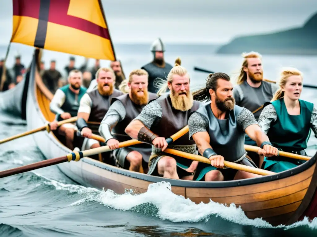 Inmersión cultural en festival vikingo: Competencia de remo en barco vikingo, con trajes detallados y mar abierto al fondo