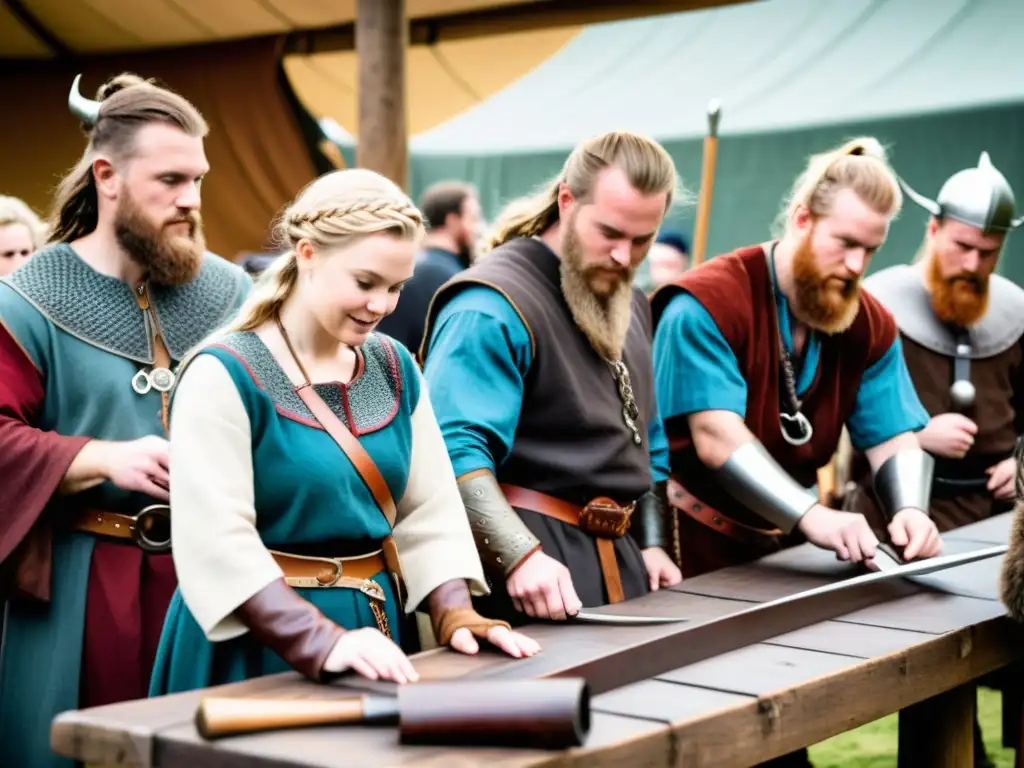 Inmersión cultural en festival vikingo: detallada imagen de personas vestidas con atuendos tradicionales participando en actividades medievales