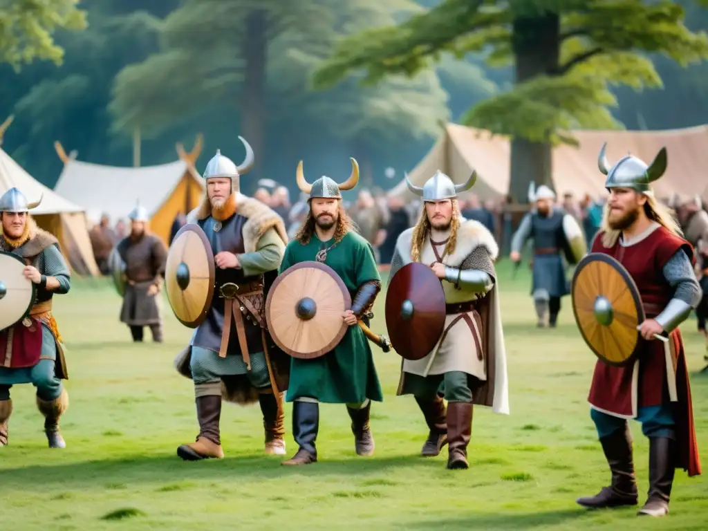 Inmersión cultural en festivales vikingos: Participantes disfrutan de actividades en un escenario vikingo detallado al atardecer