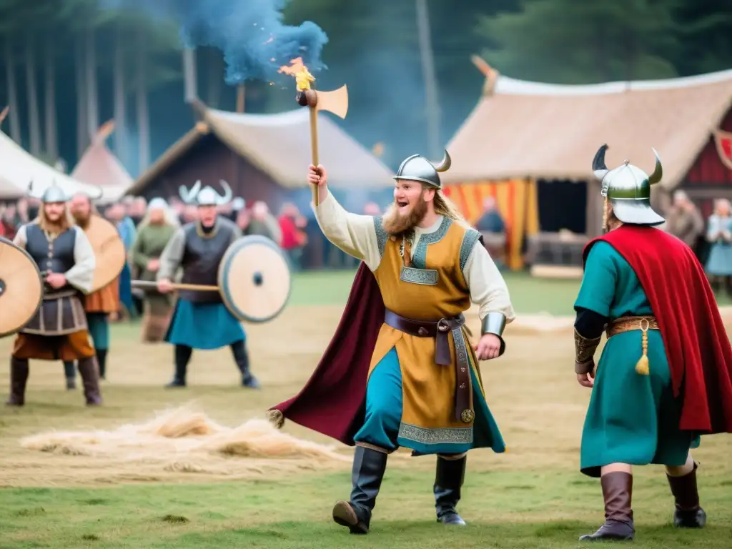 Inmersión cultural en festivales vikingos: Participantes en coloridos trajes disfrutan de actividades tradicionales alrededor de una hoguera, mientras se sumergen en la atmósfera festiva y folclórica de la celebración nórdica