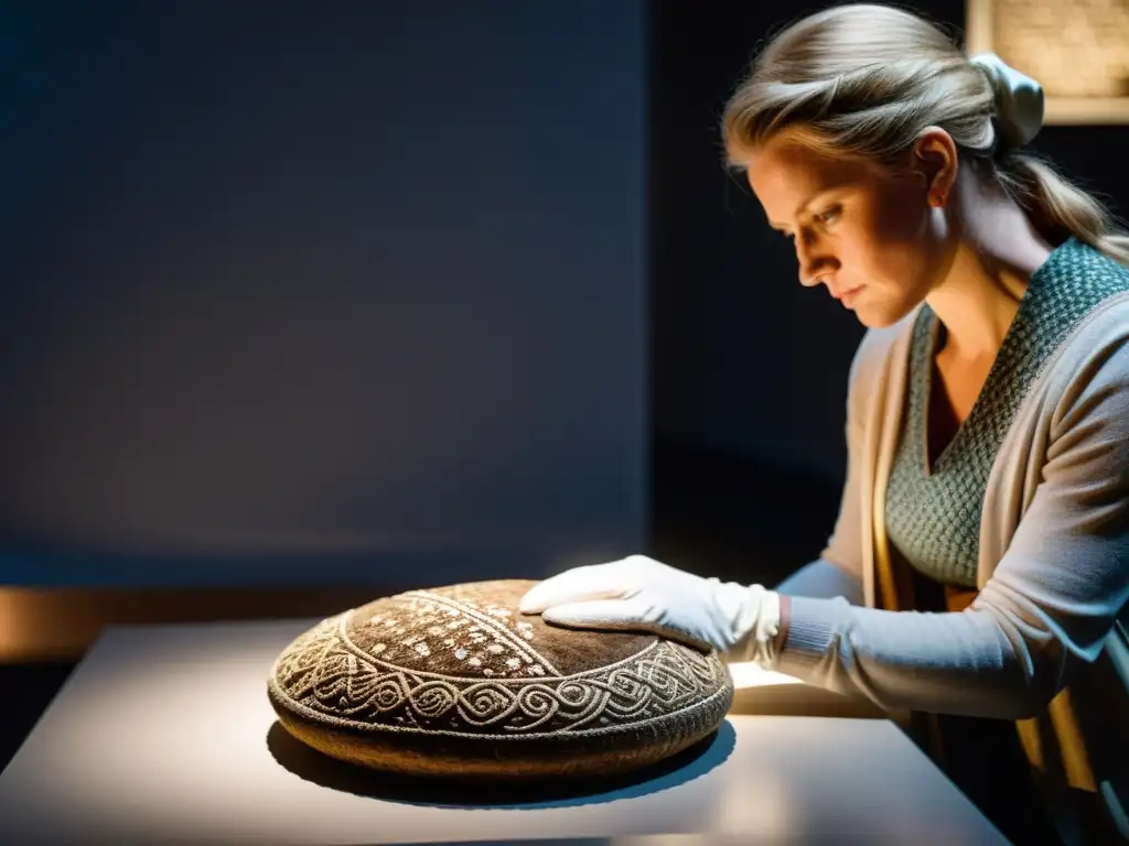 Curador examina artefacto vikingo en museo, resaltando detalles