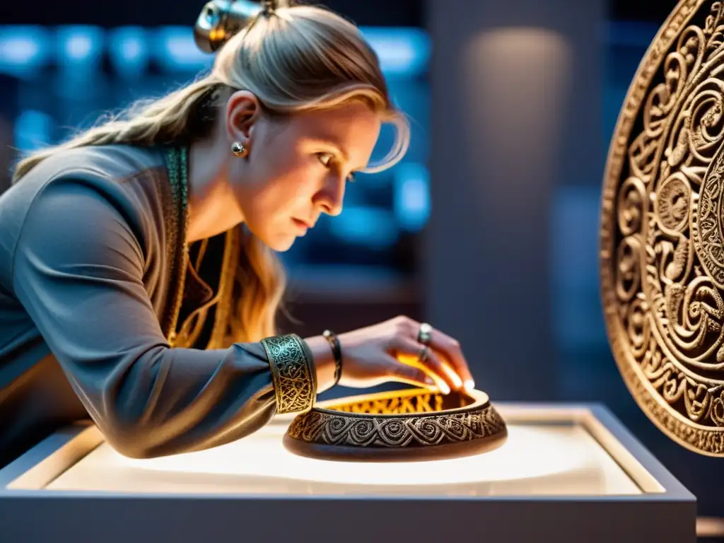 Un curador examina con cuidado un artefacto vikingo detallado en un brillante museo