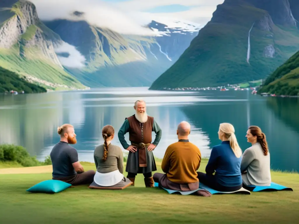 Un curso de navegación vikinga en un fiordo nórdico, con montañas al fondo y un grupo diverso aprendiendo técnicas ancestrales