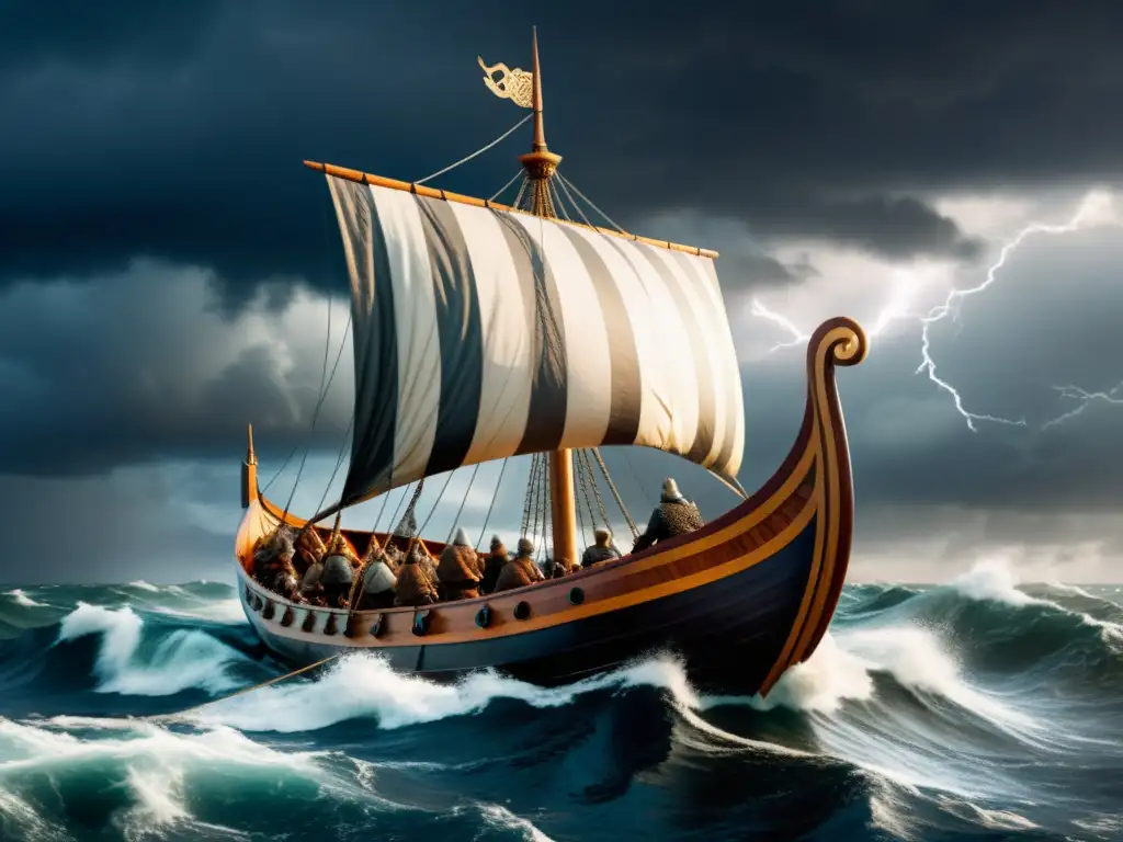 Curso de navegación vikinga: un drakkar surca mares tempestuosos, con vikingos desafiantes enfrentando la tormenta