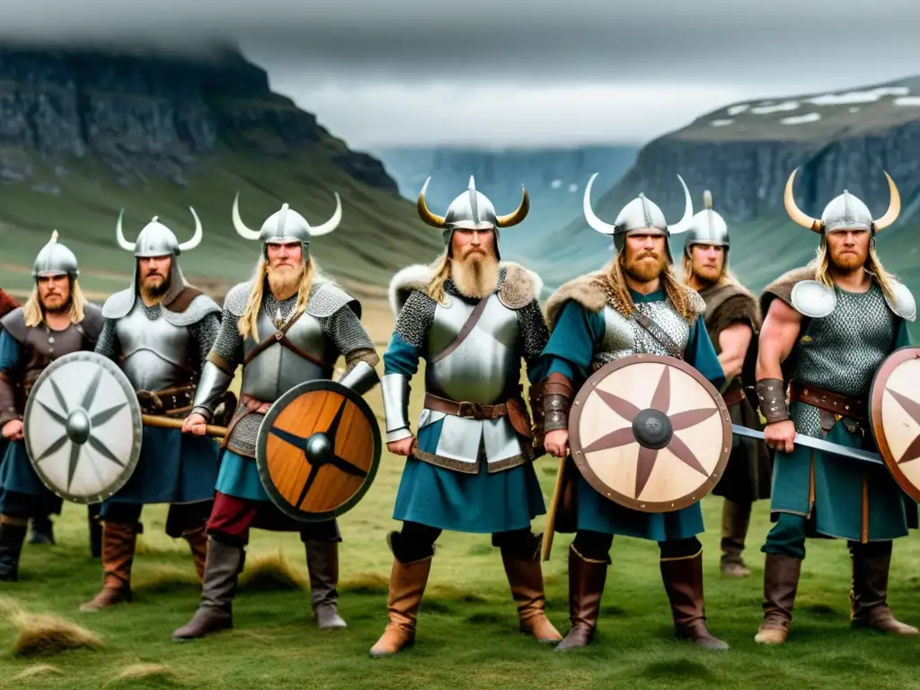 Una danza guerrera vikinga: guerreros fieros en un ritual poderoso bajo el sol poniente en paisaje nórdico