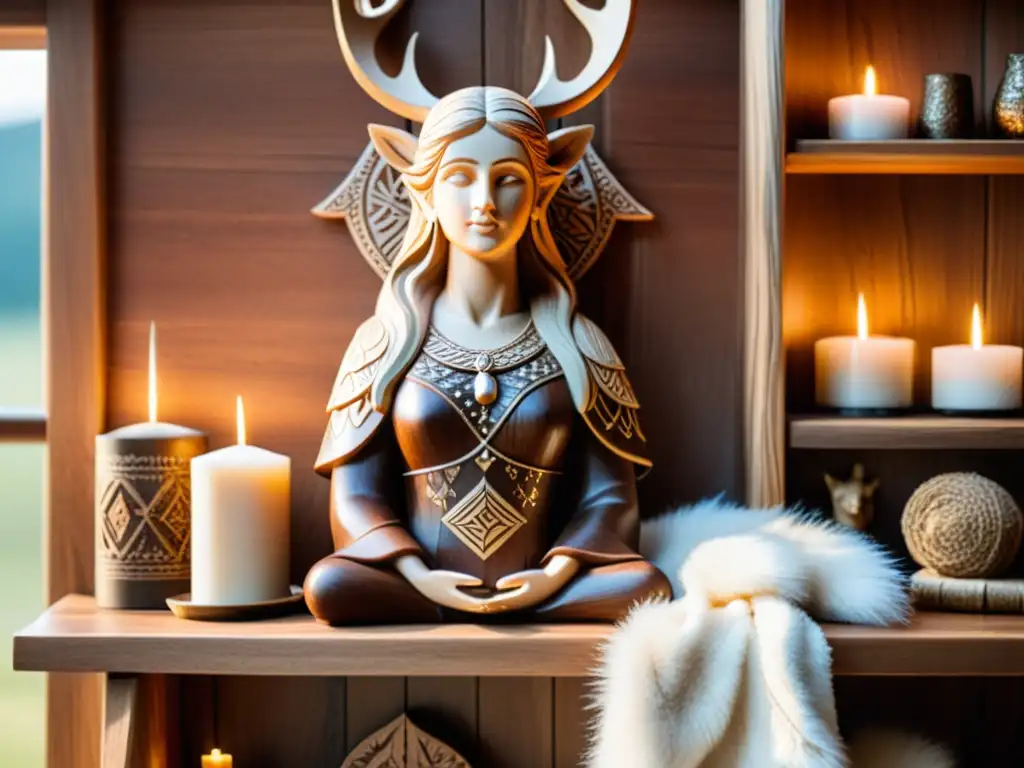 Decoración inspirada en Freya Vikinga: sala acogedora con estatua tallada, velas y tonos terrosos, ideal para invocar su espíritu en casa