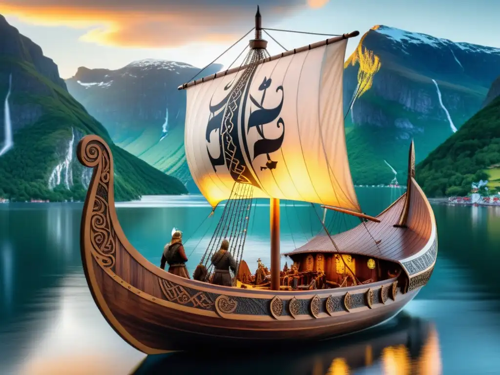 Réplica decorativa de un barco vikingo detallado, adornado con símbolos nórdicos, navegando al atardecer en un fiordo