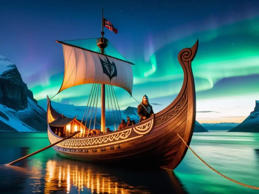 Réplica decorativa de un drakkar vikingo con detalles de dragones en proa y escudos, navegando bajo auroras boreales en un fiordo nórdico