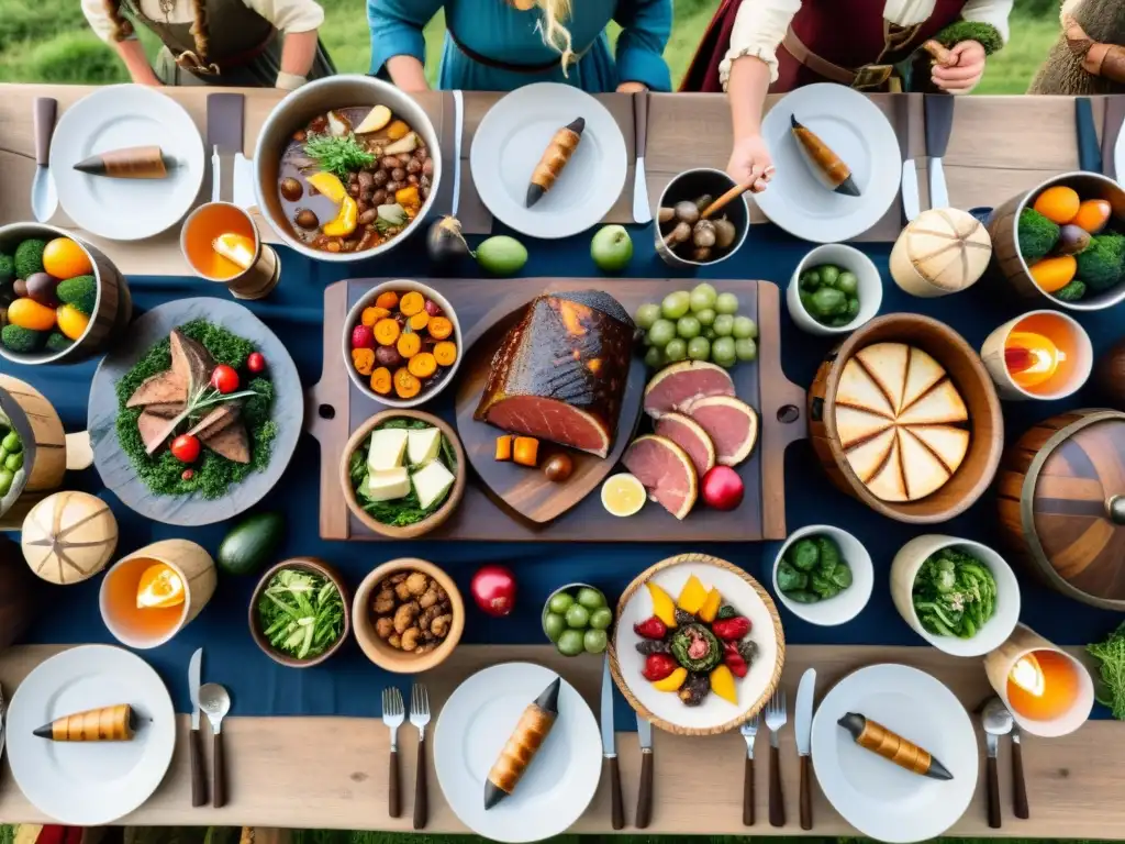 Degustaciones gastronómicas era vikinga: Banquete vikingo con manjares, guerreros y celebración en una casa nórdica iluminada por antorchas