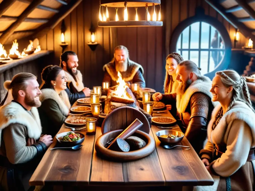 Degustaciones gastronómicas era vikinga en una mesa festiva con cuernos y antorchas