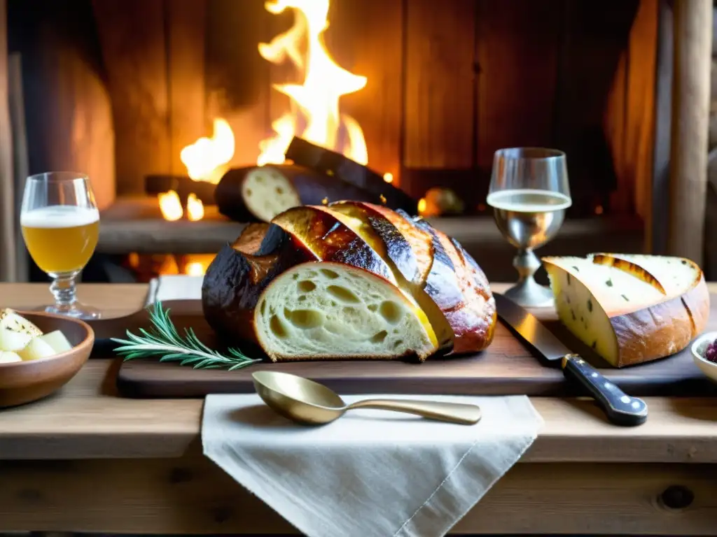 Degustaciones gastronómicas era vikinga en una mesa festiva de madera con manjares y vino de miel en un hogar nórdico iluminado por antorchas