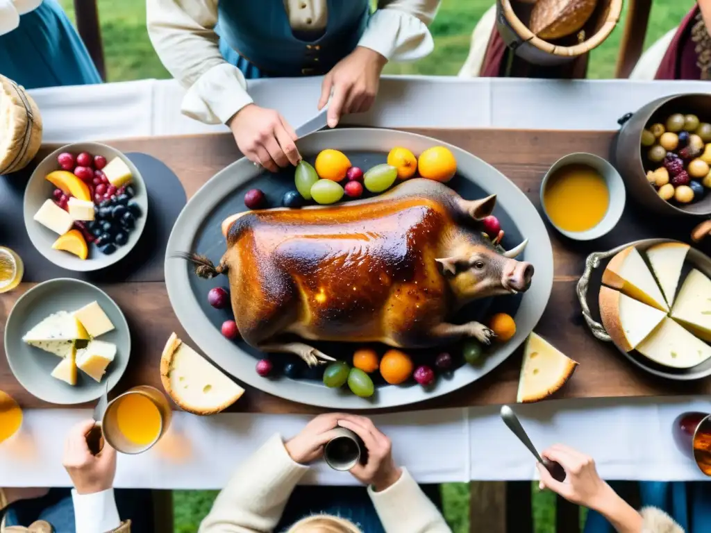 Degustaciones gastronómicas era vikinga: mesa de banquetes con manjares, vikingos celebrando con cuernos de bebida en salón iluminado