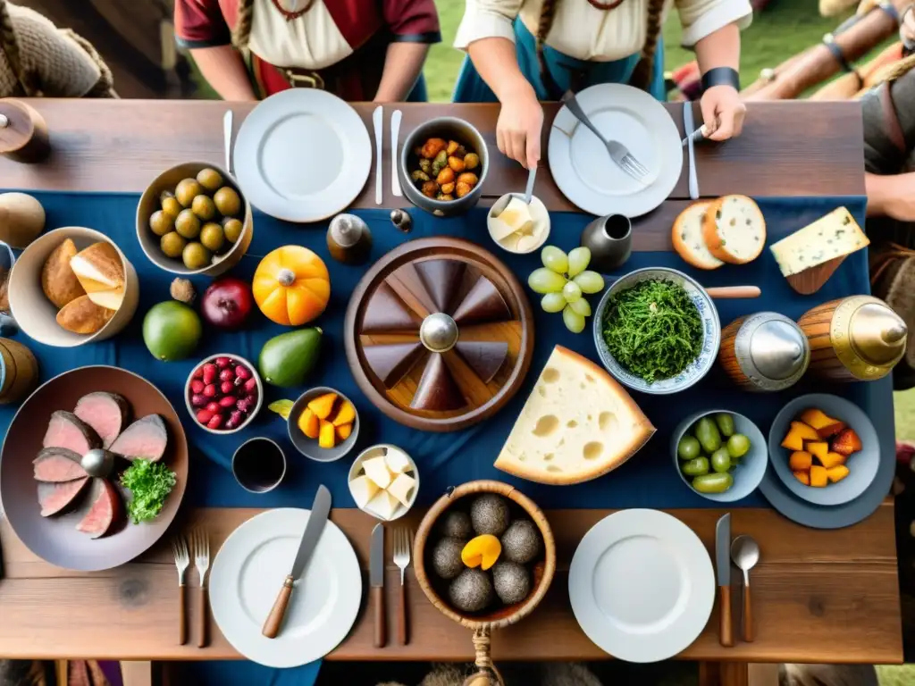 Degustaciones gastronómicas era vikinga: Mesa llena de manjares rodeada de guerreros y doncellas vikingos en un banquete festivo