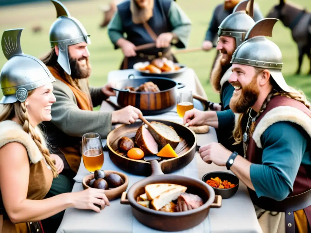 Degustaciones gastronómicas era vikinga: Mesa de madera larga adornada con festín vikingo y personas vestidas a la usanza, creando ambiente festivo