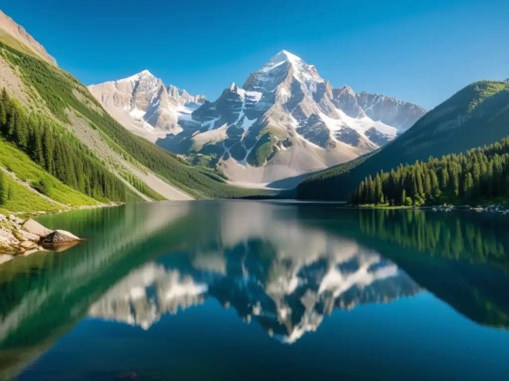 Interacción deidades mar montaña: majestuosa cordillera nevada, lago sereno y naturaleza exuberante bajo un cielo azul