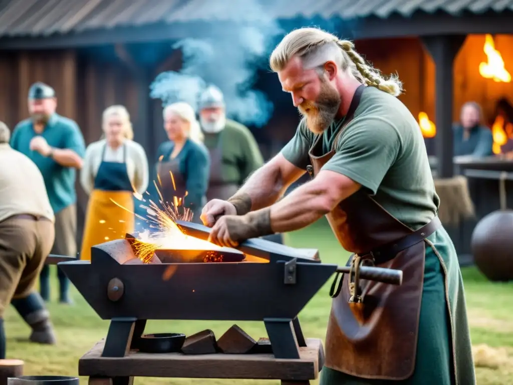 Una demostración de herreros recreación vikinga con chispas y calor intenso, rodeados de espectadores medievales