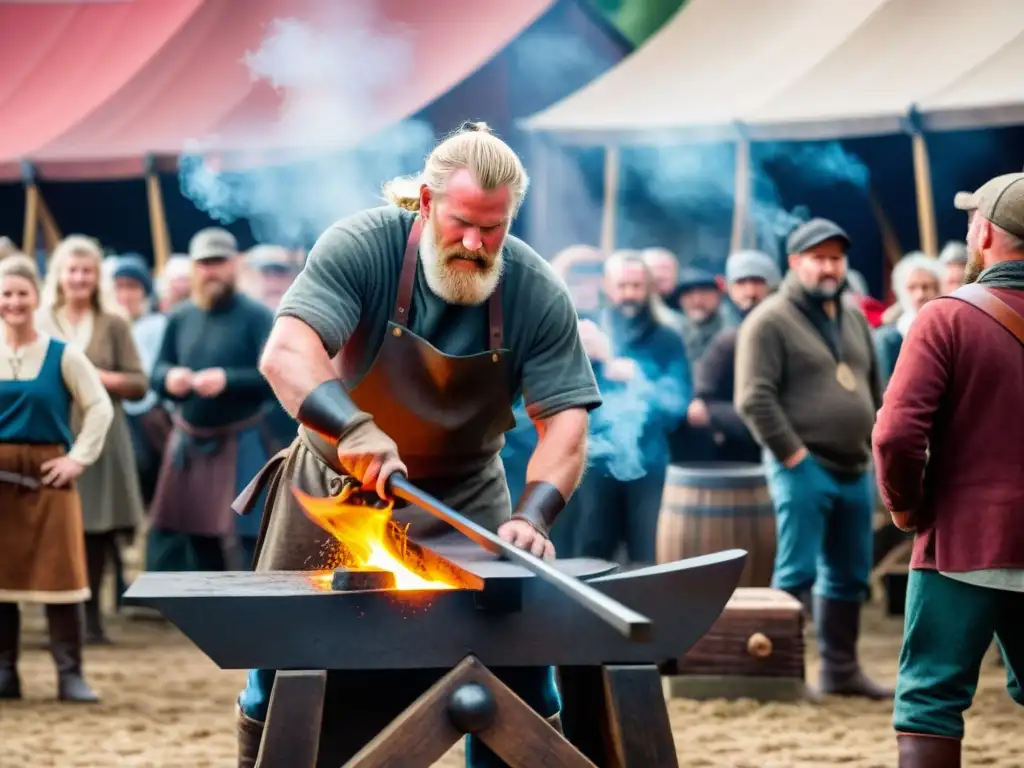 Demostración en vivo de forja vikinga: Un herrero vikingo forja metal entre una multitud intrigada en un mercado medieval