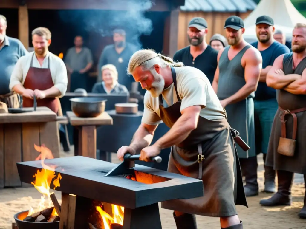 Una demostración en vivo de forja vikinga en un bullicioso mercado medieval