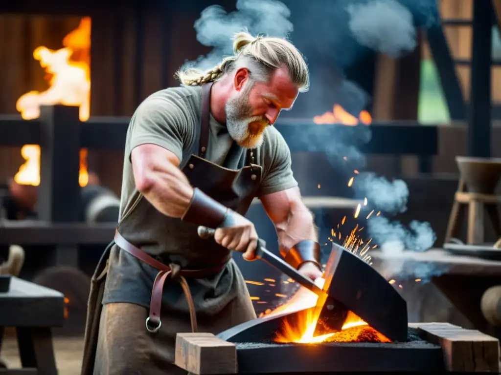 Demostración en vivo en forja vikinga: un herrero vikingo martilla una espada de metal incandescente en un yunque, entre nubes de vapor y chispas