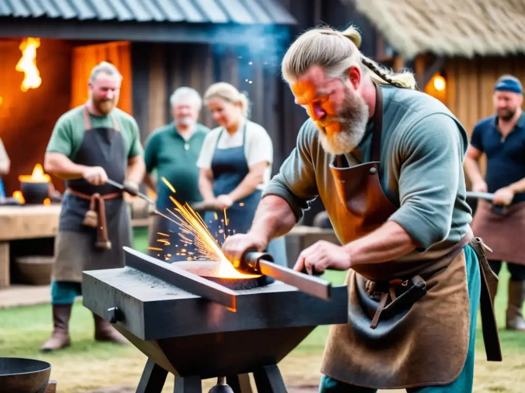 Demostraciones de herreros recreación vikinga: Un forjador vikingo experto trabajando metal en una fragua, rodeado de espectadores vestidos de época