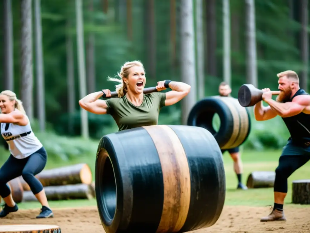 Deportes vikingos para fitness moderno: Entusiastas en desafío de obstáculos en bosque nórdico, fusionando fuerza y camaradería